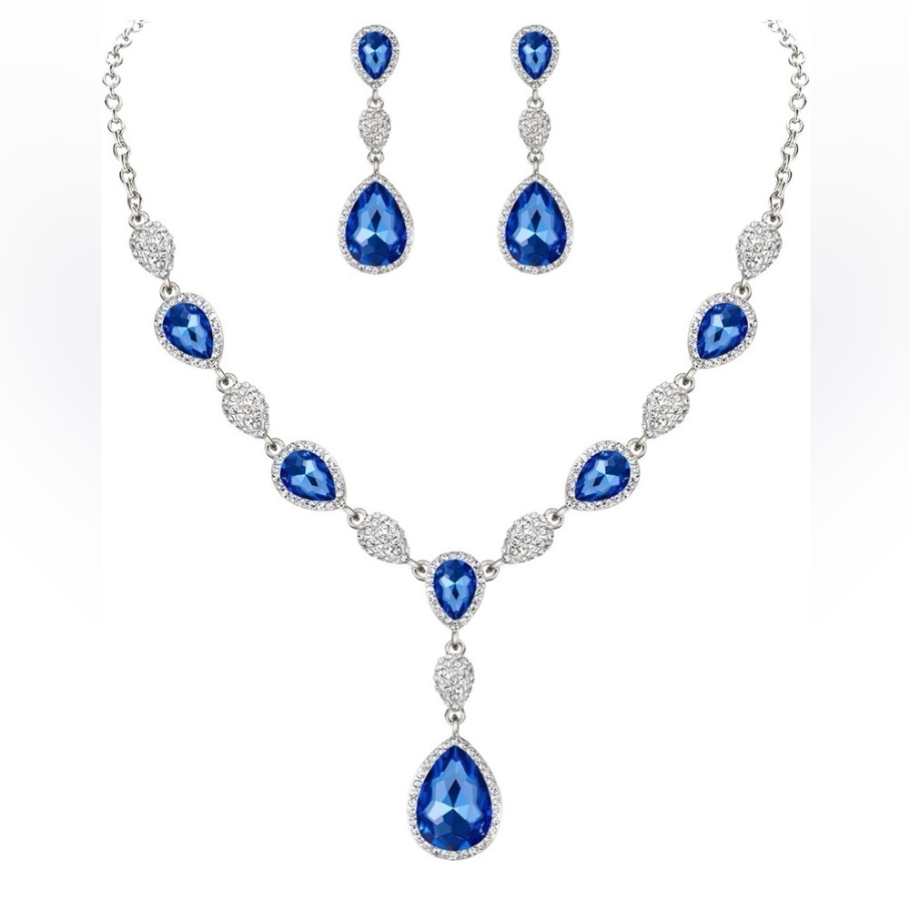 NIB!EleQueen Women Cubic Zirconia Teardrop Y-Necklaces Dangle Earrings Set